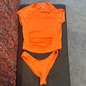 Frankie's Bikinis Neon Orange Rash Guard Bikini Set